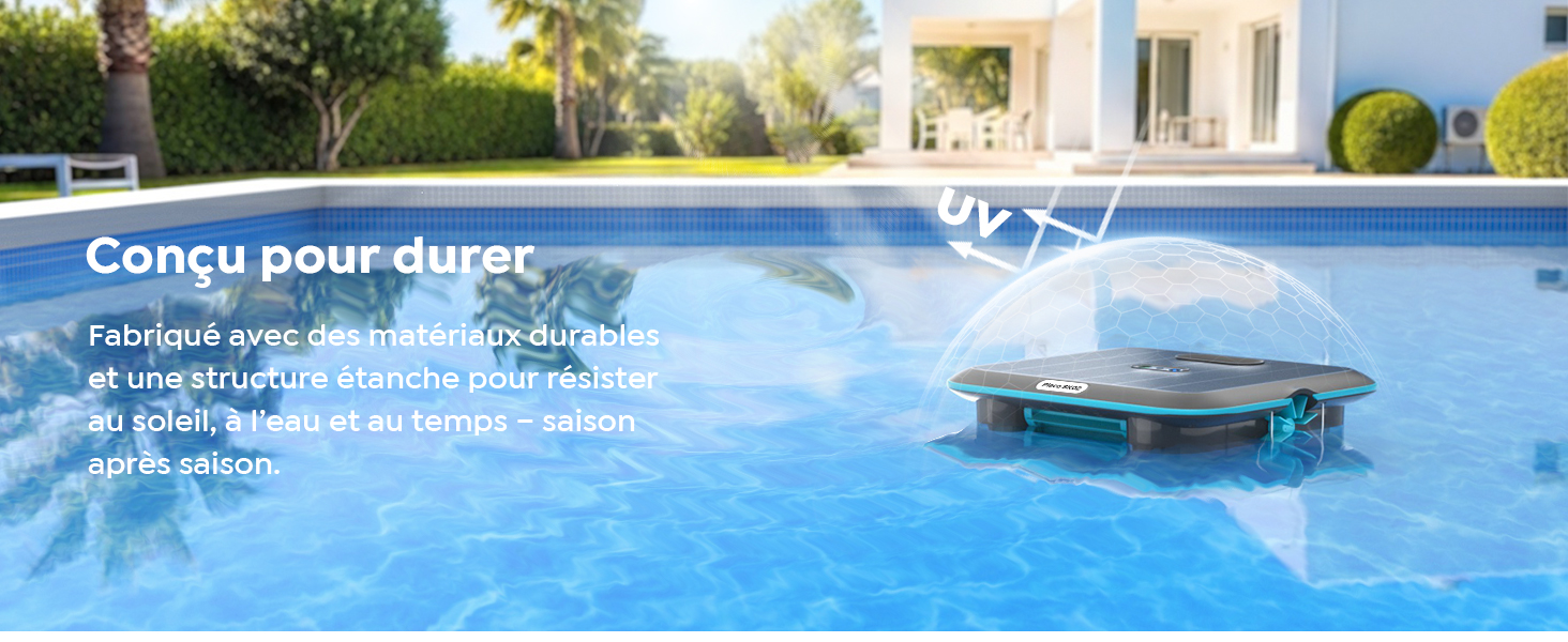 Le texte indique « Rangement compact au bord de la piscine ». Conteneur de stockage de piscine gonflable bleu flottant dans la piscine avec la maison visible en arrière-plan.