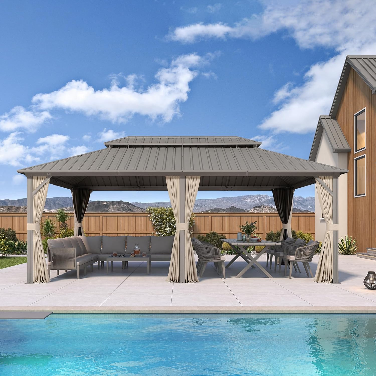 jardinito - Pergola série Champagne - 6 x 3,65 m - aluminium, toit acier, moustiquaire et rideaux