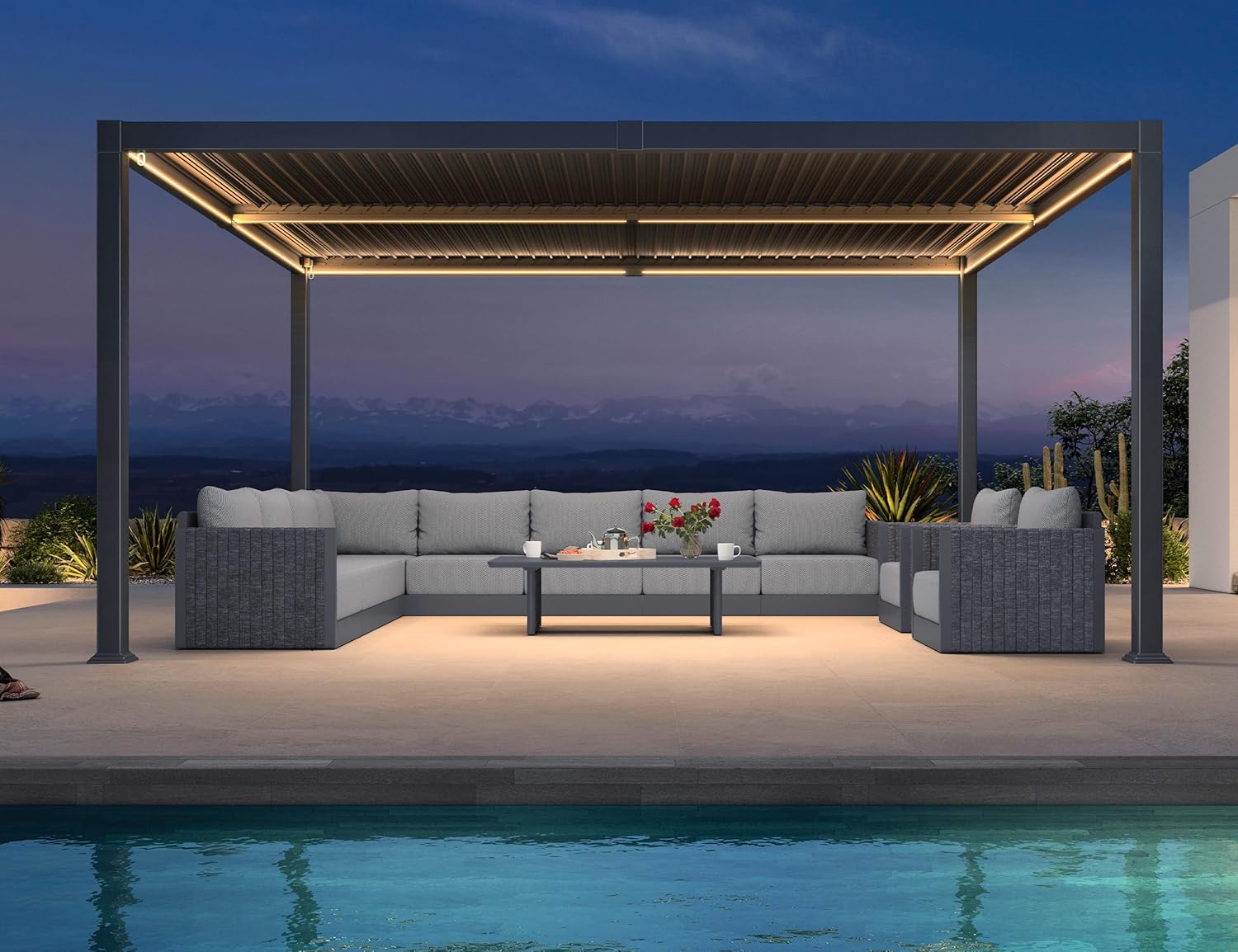 jardinito - Pergola bioclimatique alu 4x4.6m, lames LED, durable