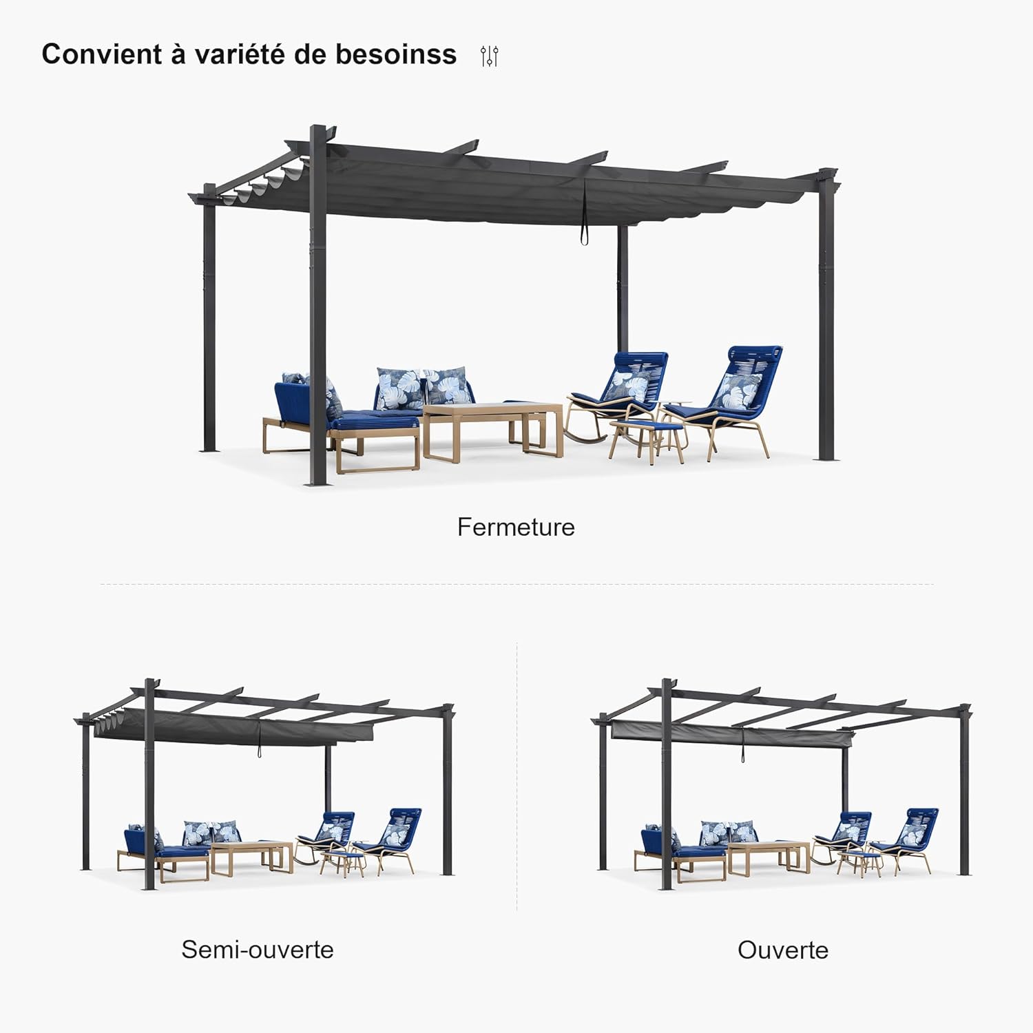 jardinito - pergola aluminium - 4,8x3,5m - LED, toit rétractable, tissu mass teinté, structure résistante