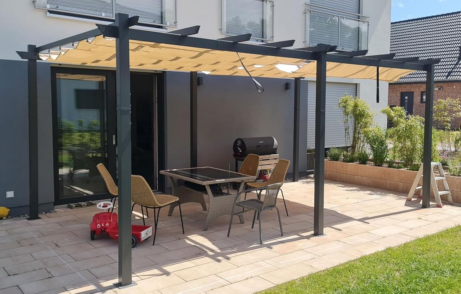 jardinito - Pergola aluminium série - 5,5x3,5m - toit coulissant, tissu teint en fil, kaki