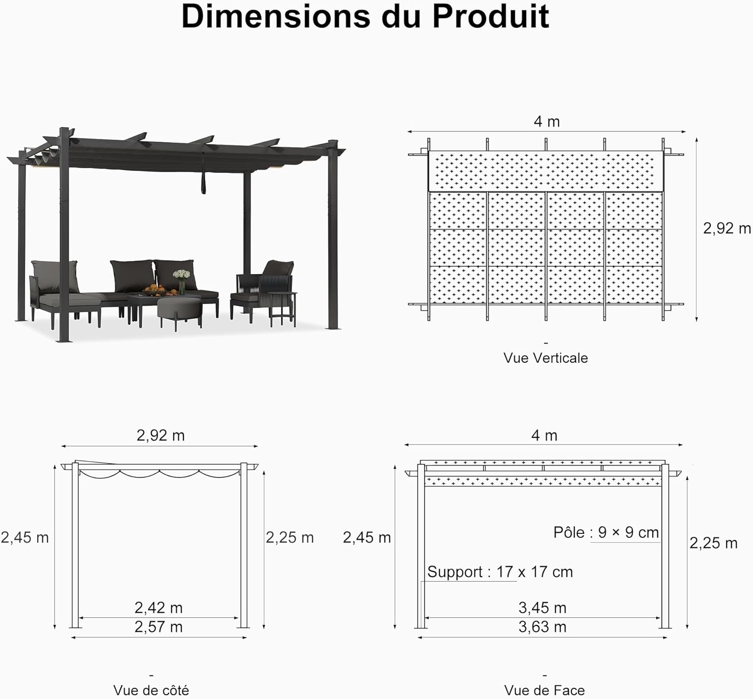 jardinito - Pergola Aluminium - 4x3m - Rideau, toit rétractable, imperméable
