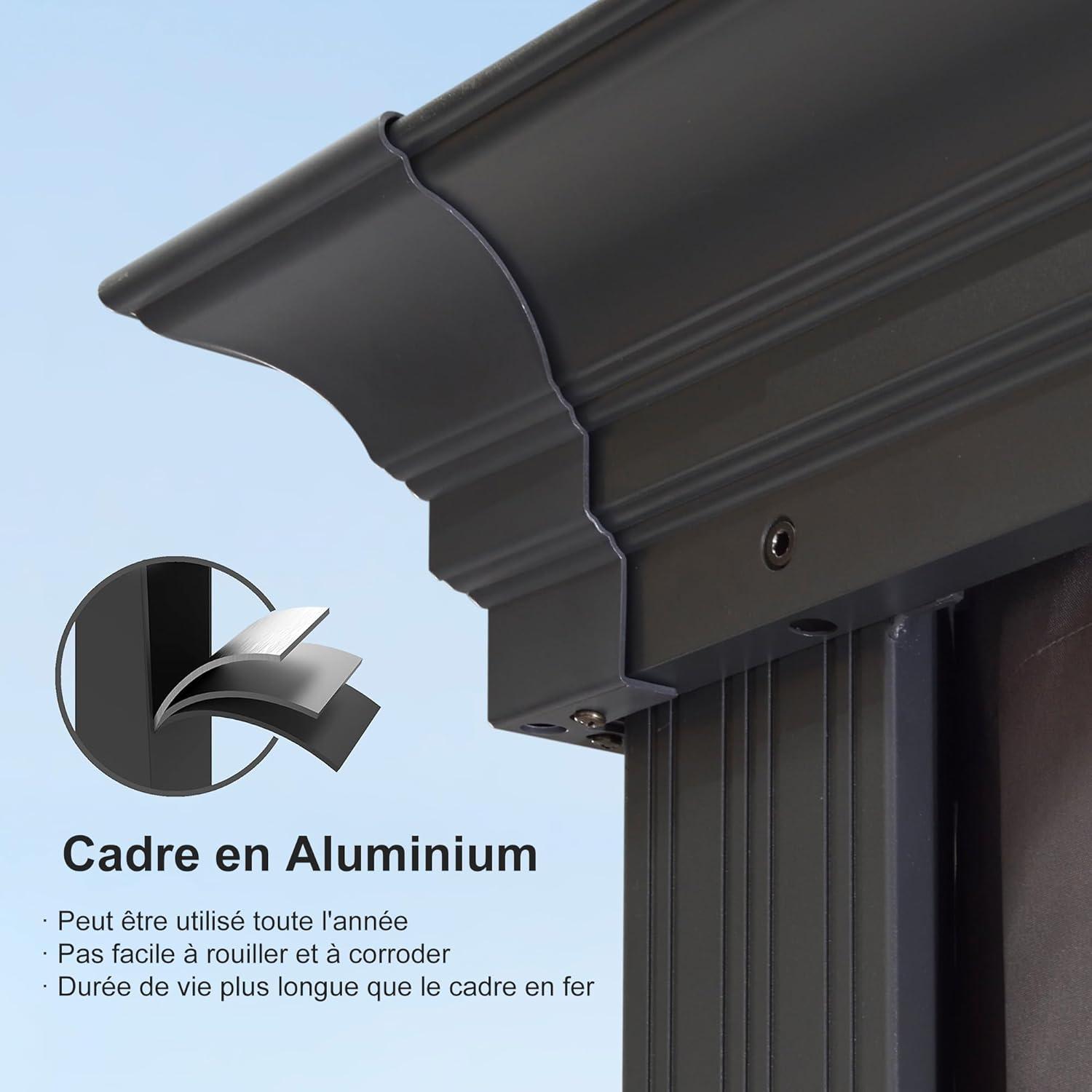 jardinito - tonnelle aluminium - 4,25x3 m - éclairage, rideaux, gouttière, poteaux renforcés