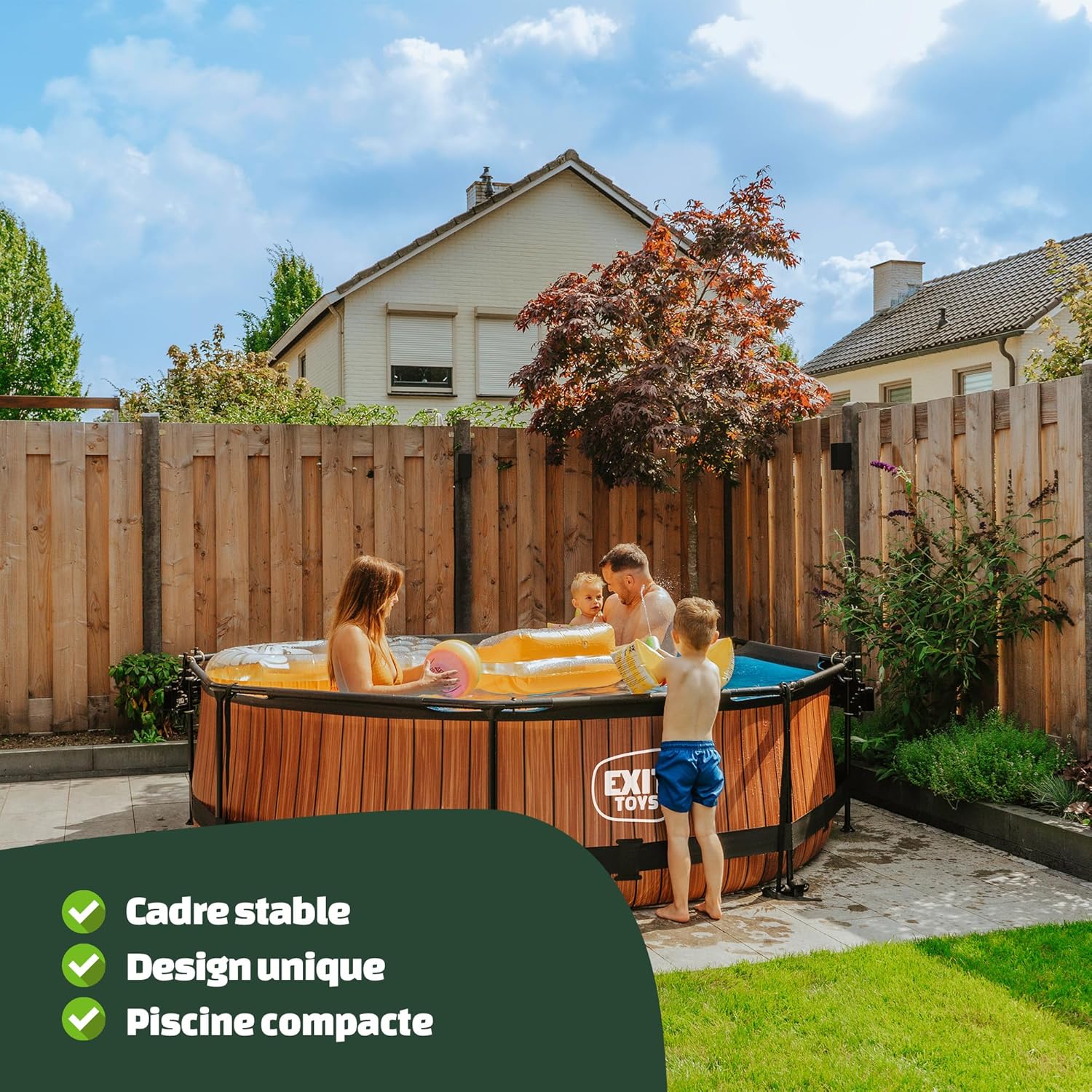 jardinito Piscine Tubulaire Wood - ø300x76cm - Piscine Hors Sol Ronde avec Pompe Filtrante à Cartouche - Entrée Basse - Idéal pour Les Jeunes Enfants - Cadre Stable - Design Unique - Marron