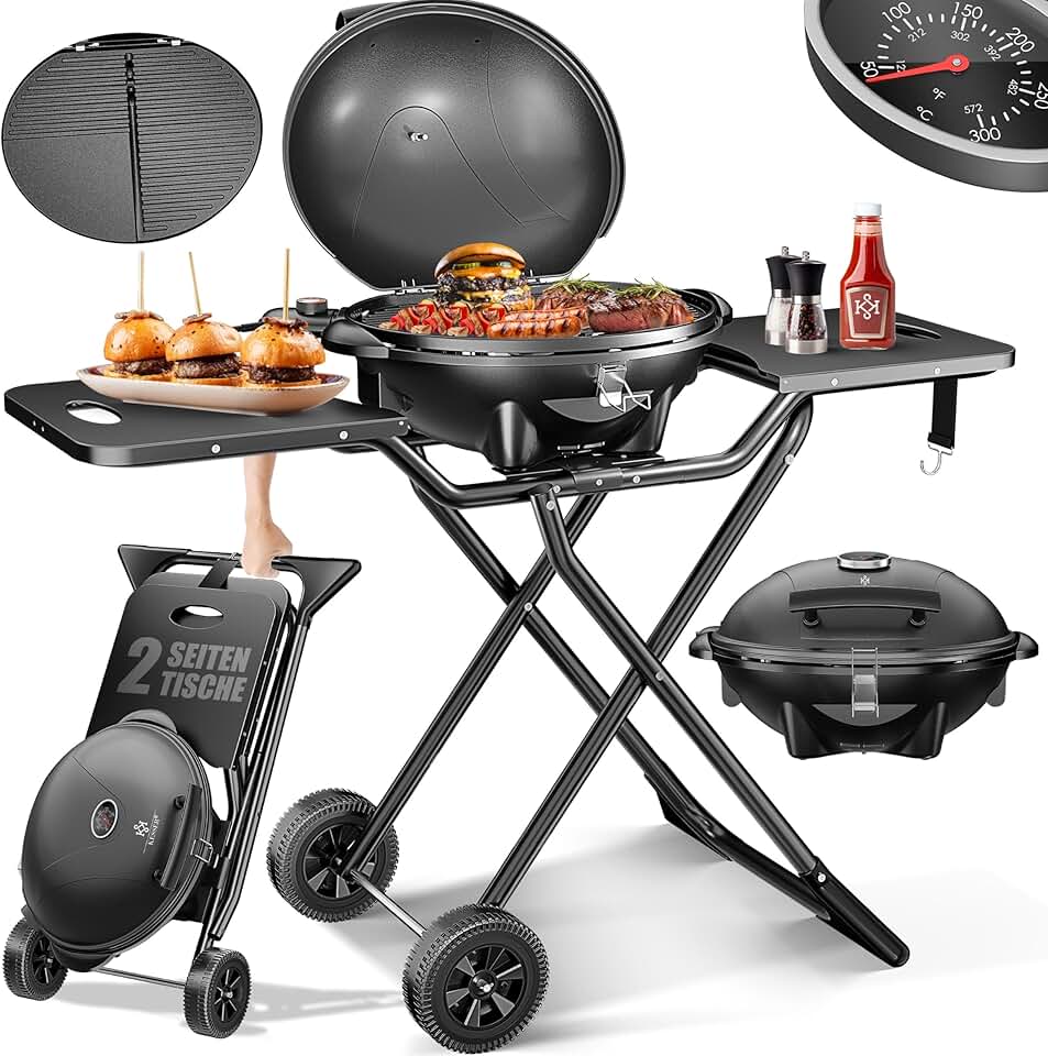 jardinito - Gril électrique pliable, 2400W, couvercle, thermomètre, table