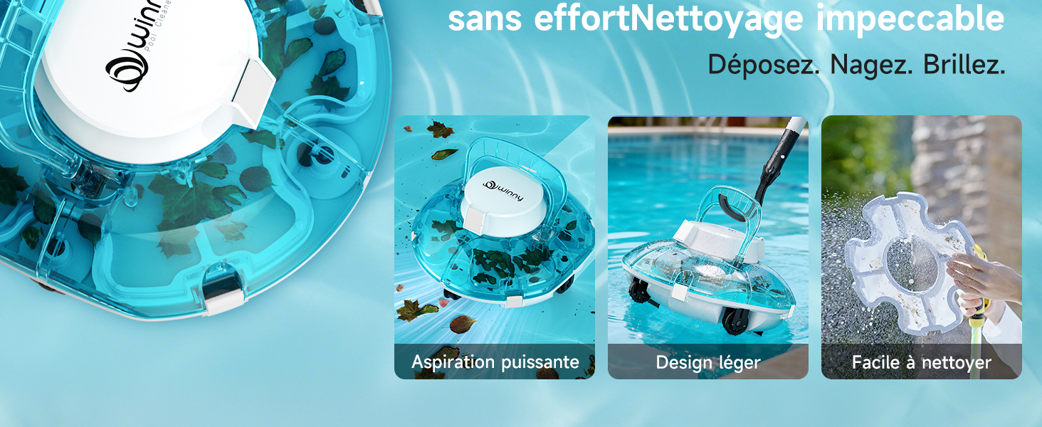 Le texte indique « sans effortNettoyage impeccable », « Dépôser. Nazer. Briller », « Appuyer puis pousser », « Dosage exact », « Facile à nettoyer ». Appareil de nettoyage turquoise illustré sous plusieurs angles avec les détails du produit.