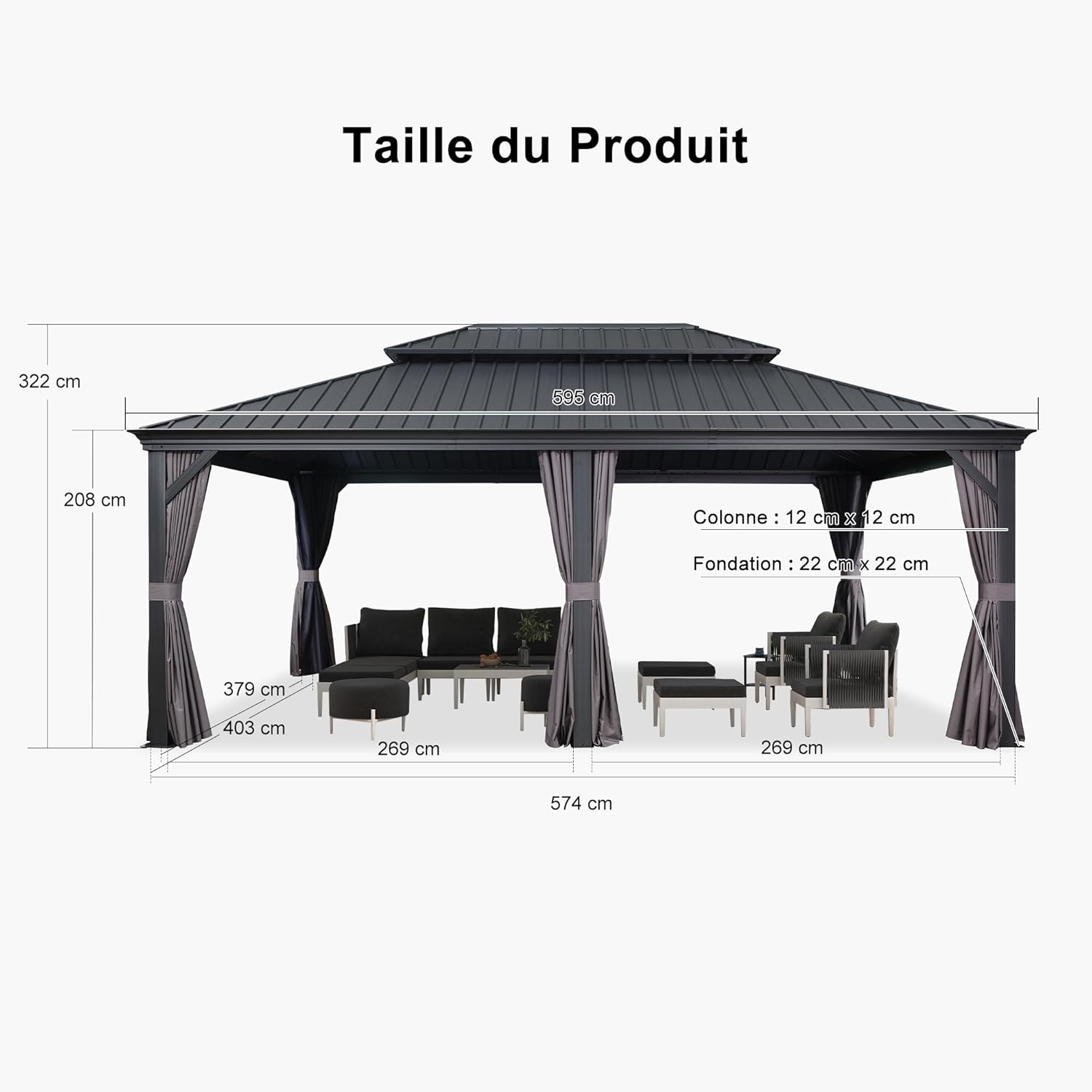 jardinito - tonnelle toit double acier, 6x4,25m, moustiquaire, rideaux