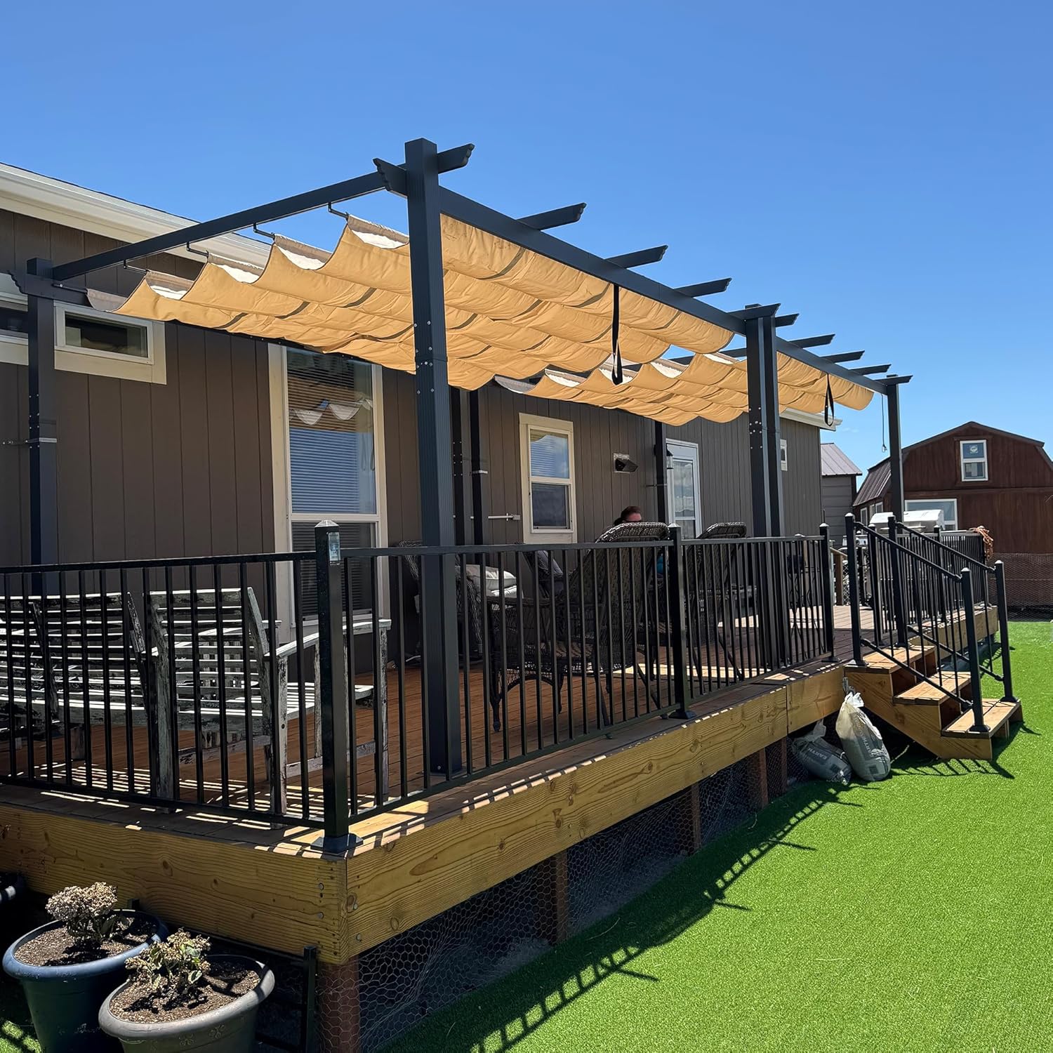 jardinito - Pergola Aluminium - 4x3m - Toit coulissant, tissu kaki