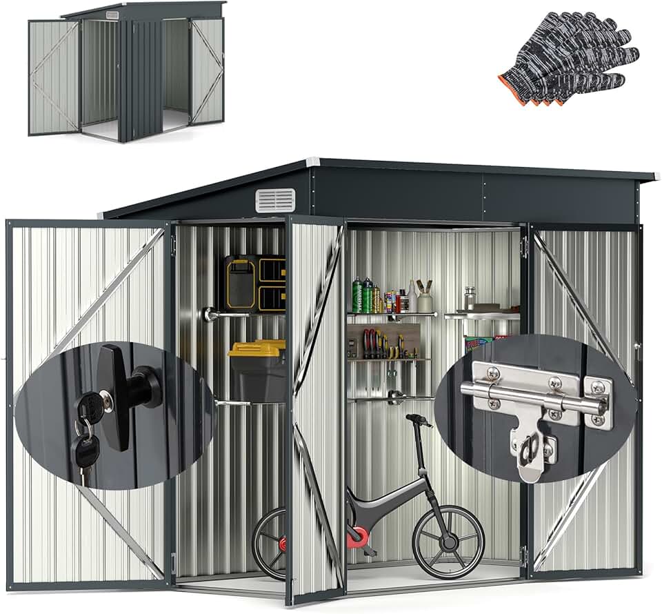 jardinito Abri de Jardin Métal 235X117X185CM avec 2 Portes Verrouillable-Loquets Clés Inclus et Fenêtres, Cabane à Outils Cabanon Résistant aux intempéries pour Poubelles Extérieur (Gris, 5M³)