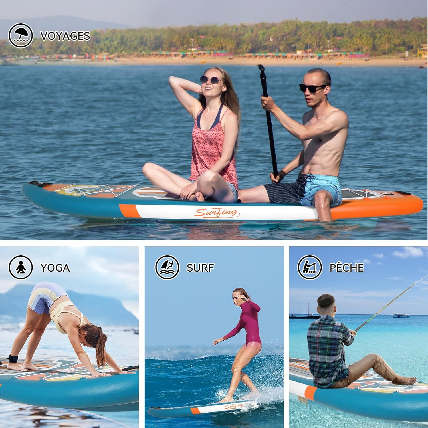 jardinito - Paddle gonflable adulte - 320/335cm - 2 personnes, siège kayak, pagaie alu, caméra, pompe, 150kg