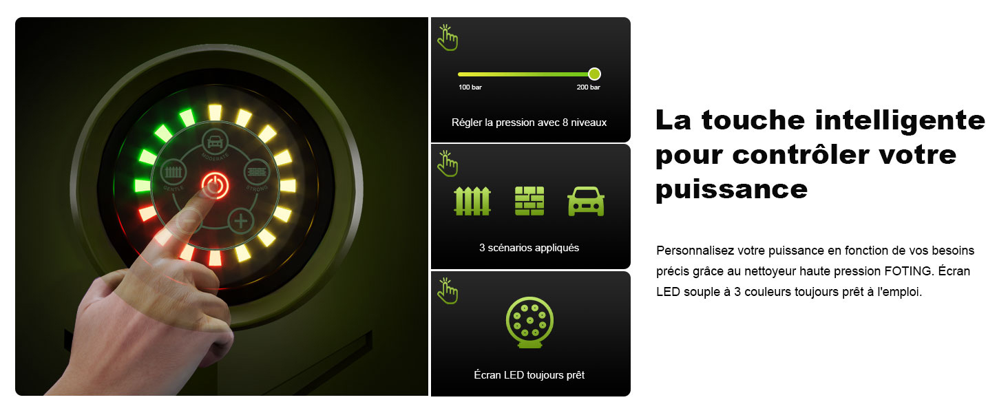Le texte se lit comme suit : « La touche intelligente pour contrôler votre puissance ». Affichage de l'interface montrant un indicateur de contrôle de puissance circulaire avec des points verts brillants et des barres de mesure.