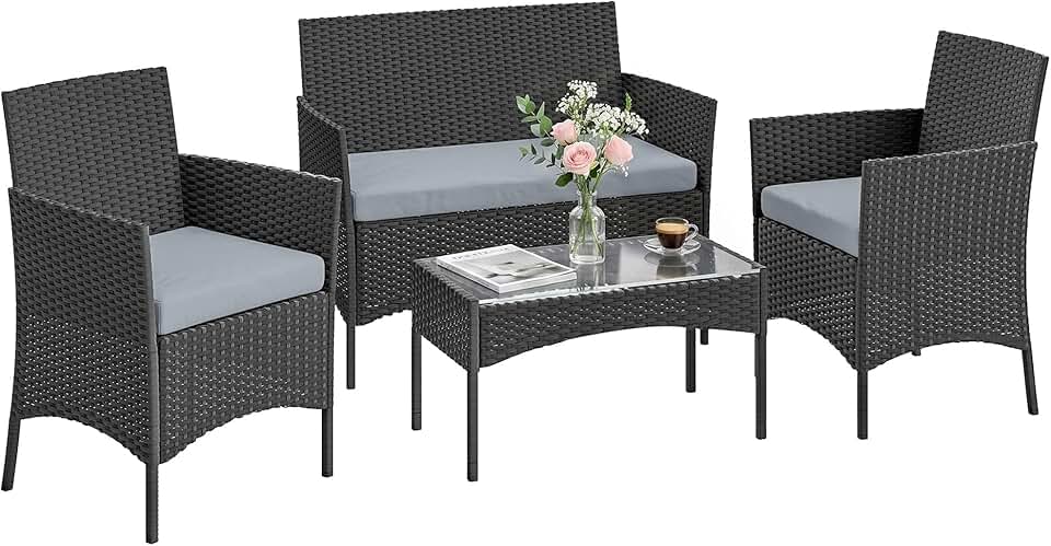 jardinito - Salon de Jardin 4 pers - résine tressée, coussins, table verre, gris