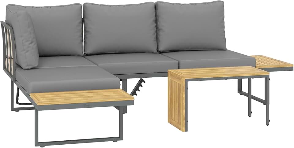 jardinito - salon de jardin bois acacia 6 places modulable - coussins, dossier ajustable, gris