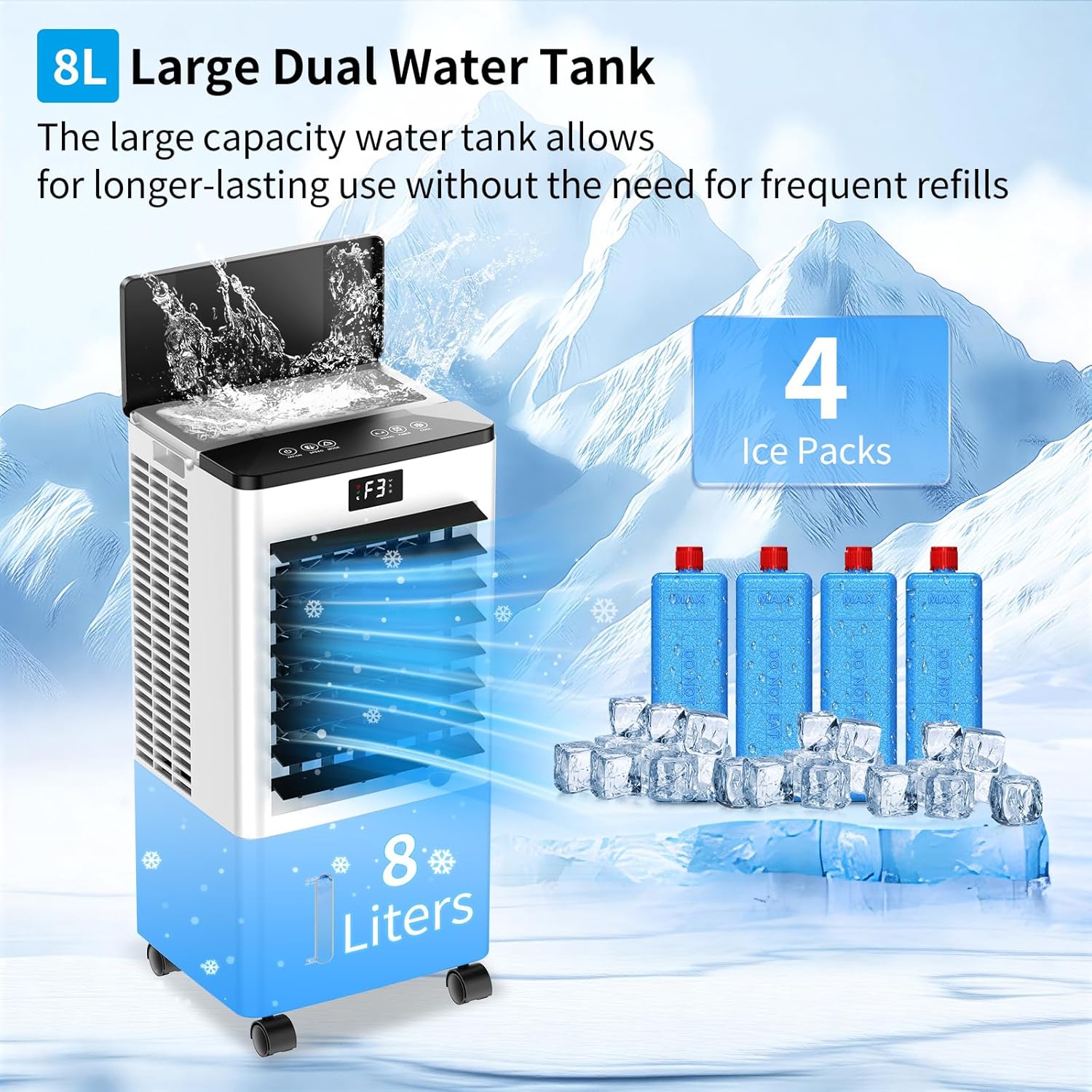 Climatiseur mobile portable 8L, 3 modes, écran, 60W, minuterie 12H