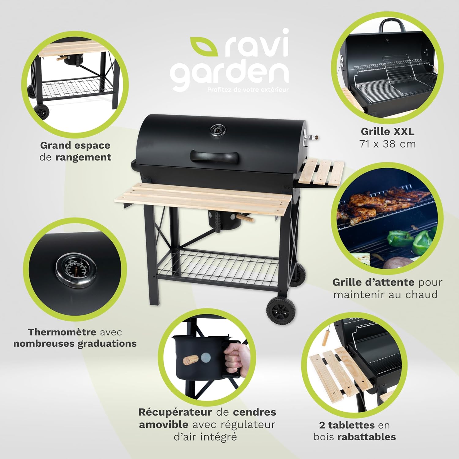 Barbecue charbon de bois XXL - 71x38 cm - couvercle, 2 tablettes, récupérateur de cendres