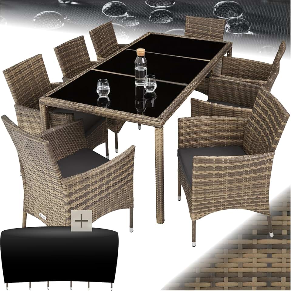 jardinito - Salon de jardin rotin, 8 fauteuils, table, housse, confort, marron naturel/gris foncé
