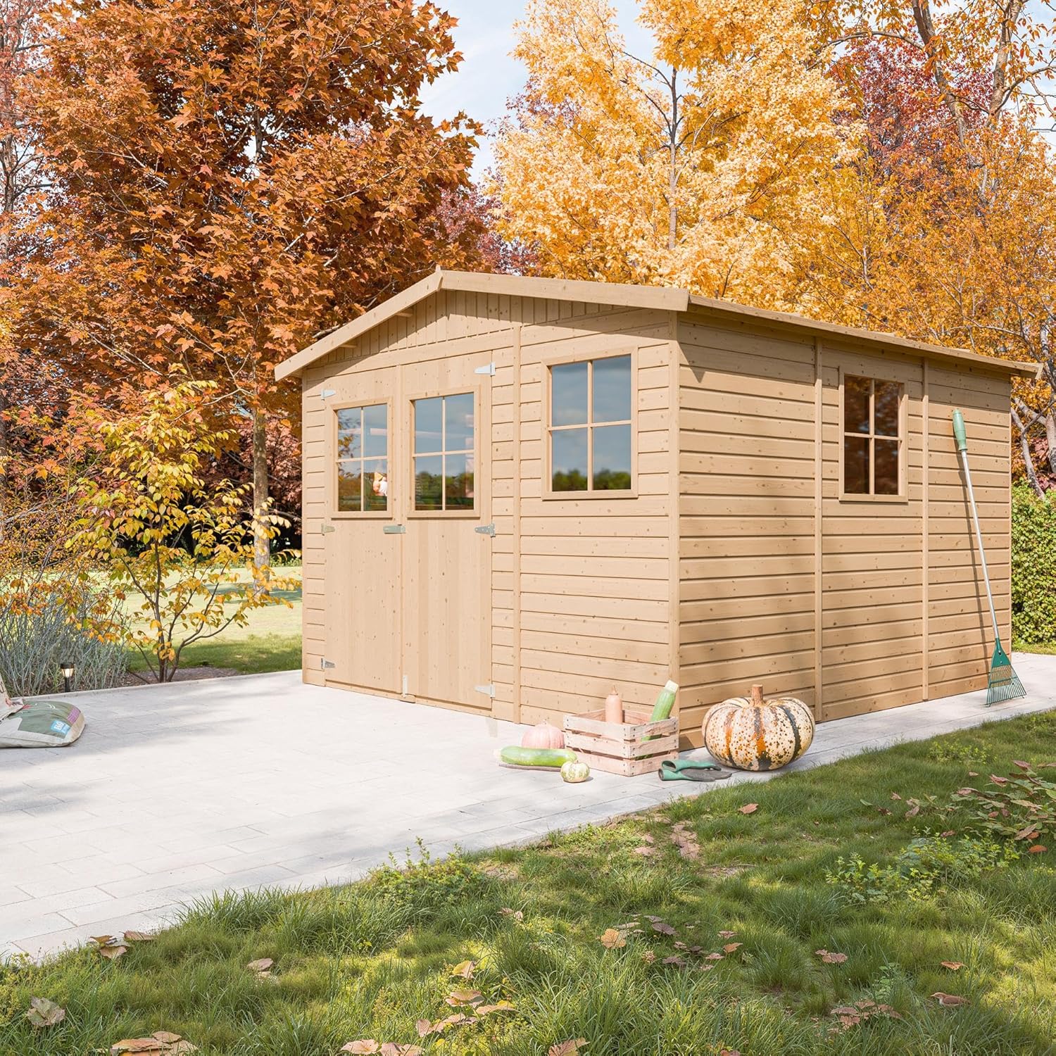ABRI de Jardin en Bois Exterieur avec Les PLANCHERS IMPRÉGNÉ - Cabane de Jardin en Pin/épicéa- H226x316x324 cm/9 m²-Construction de Panneaux- Rangement pour vélos, Remise à Outils- jardinito M335+M335G