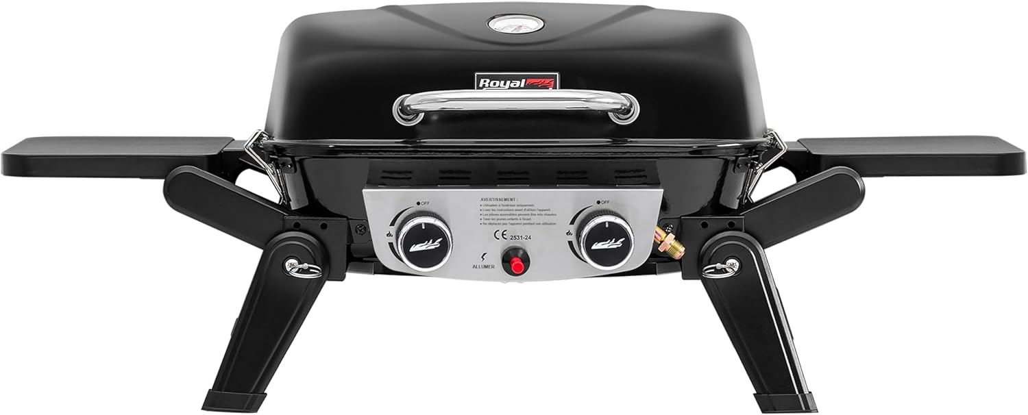 jardinito - Barbecue Gaz 2 brûleurs - 48x37 cm - tables pliables, 5kW