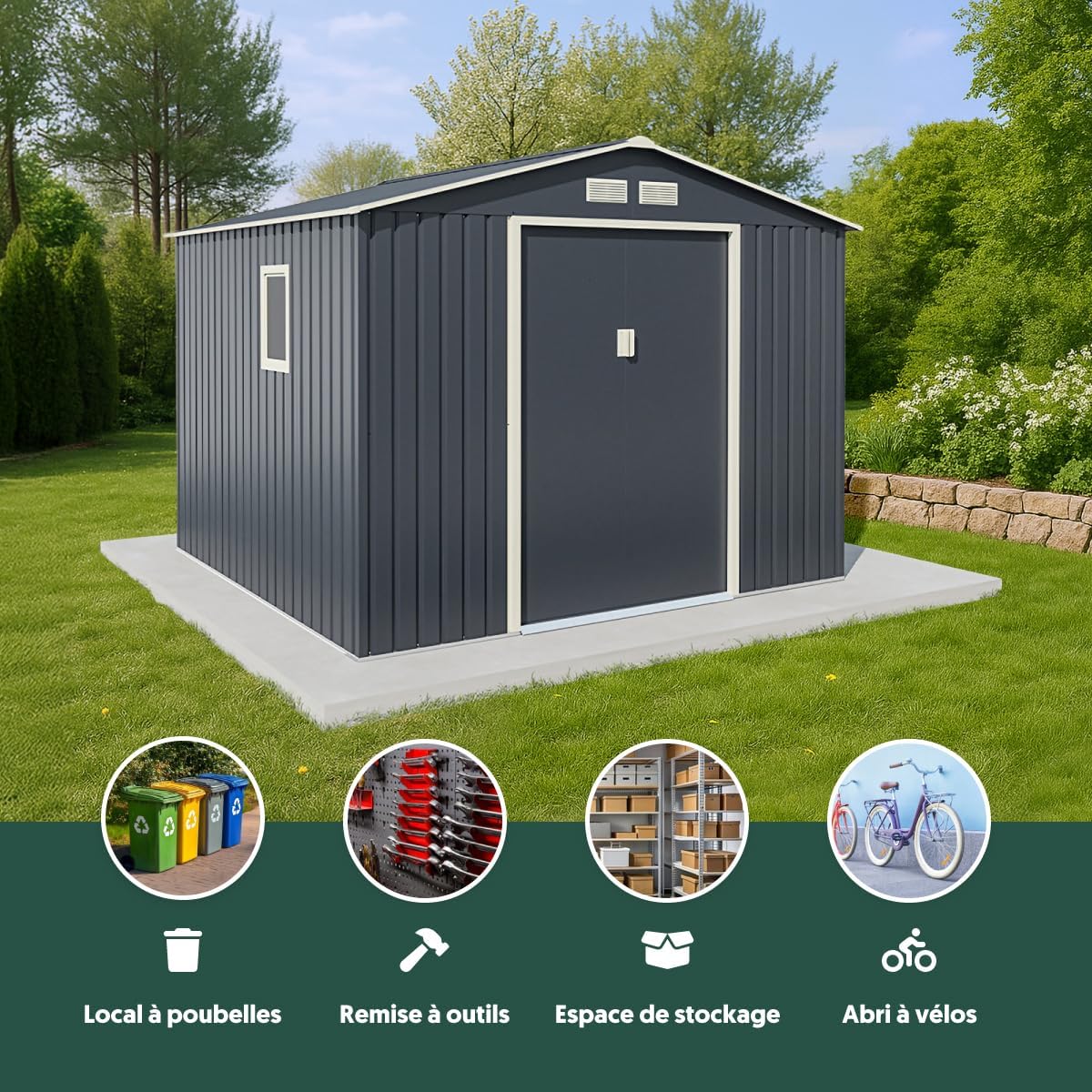 Abri de jardin métal - 7,06m² - fenêtre latérale, kit ancrage, 212cm