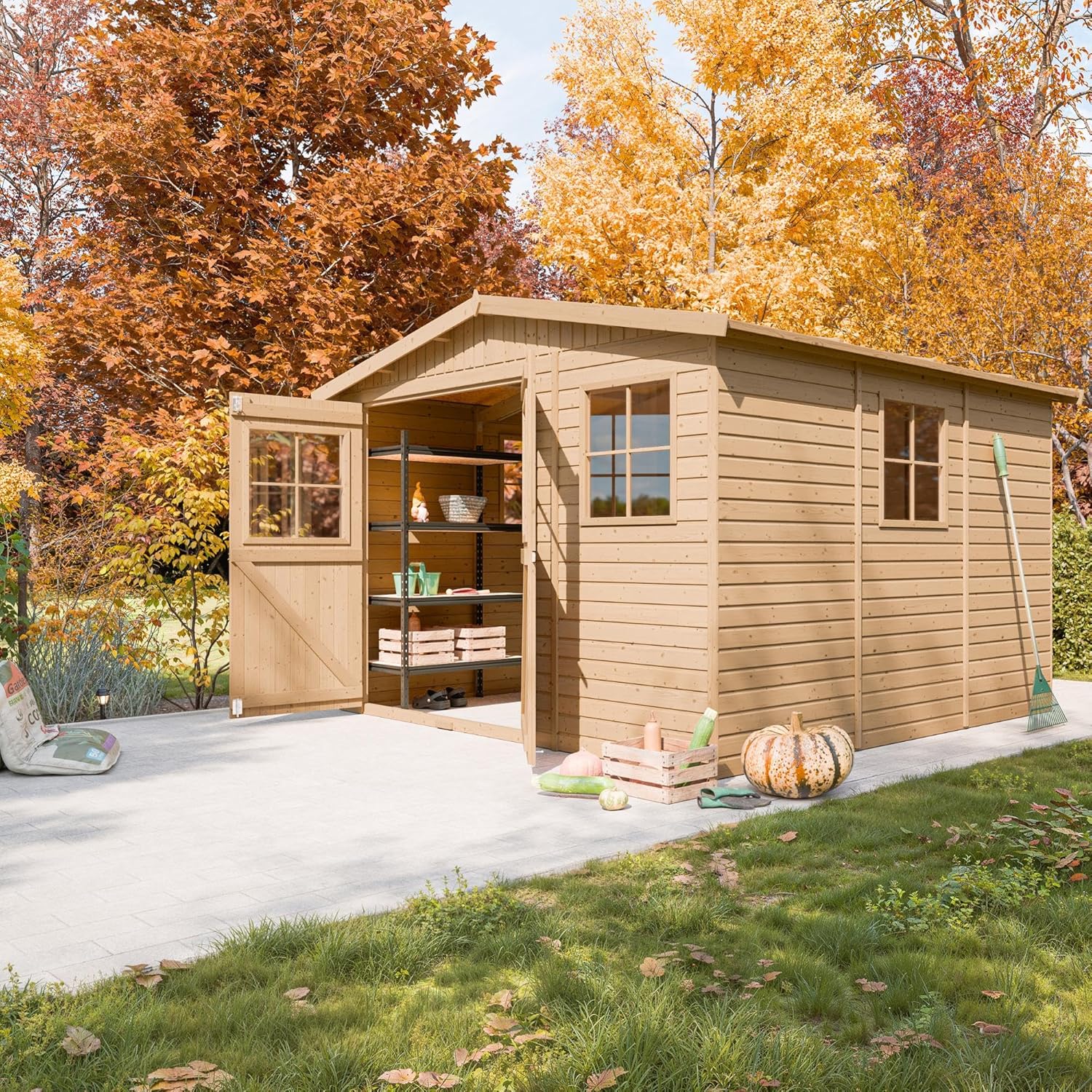 Abri de Jardin en Bois Naturel - Stockage extérieur avec fenêtres- H226x316x324 cm/9 m² Hangar en Bois Naturel - Atelier Rangement Outils et vélos- jardinito M335