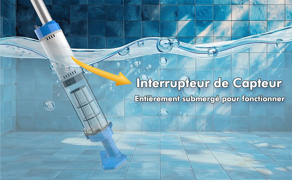 aux accents bleus, immergé dans l'eau. Le texte en français indique qu'il s'agit d'un « interrupteur de capteur » pour les opérations sous-marines