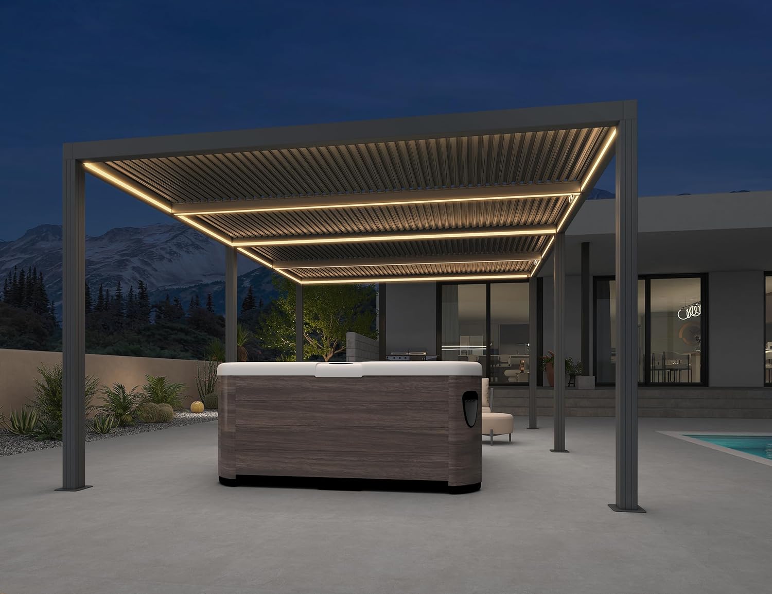 jardinito - Pergola bioclimatique - 6 x 3,68 m - alu, LED, gouttières, gris