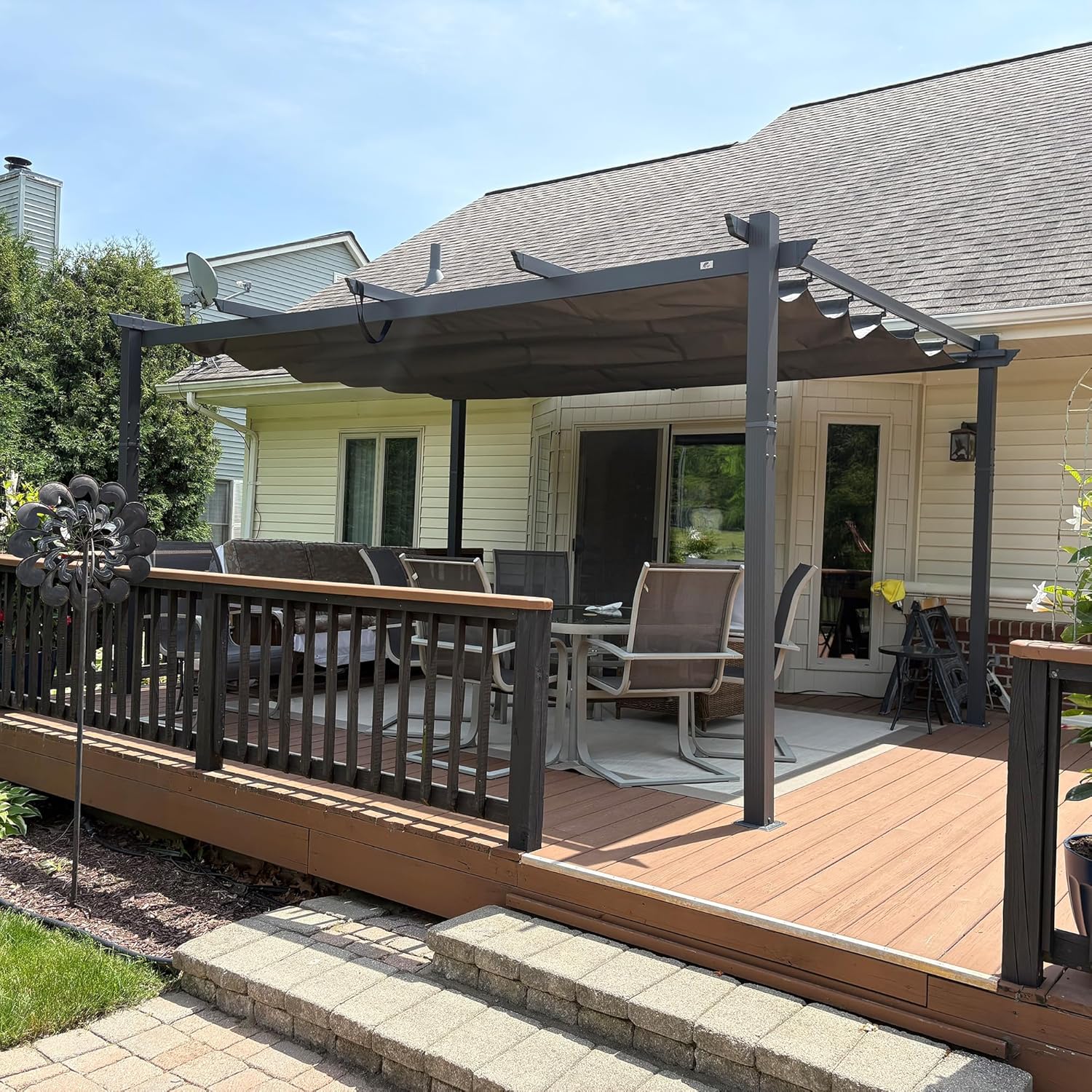jardinito - Pergola aluminium - 4,8x3,5m - toit coulissant, tissu teint en fil, gris