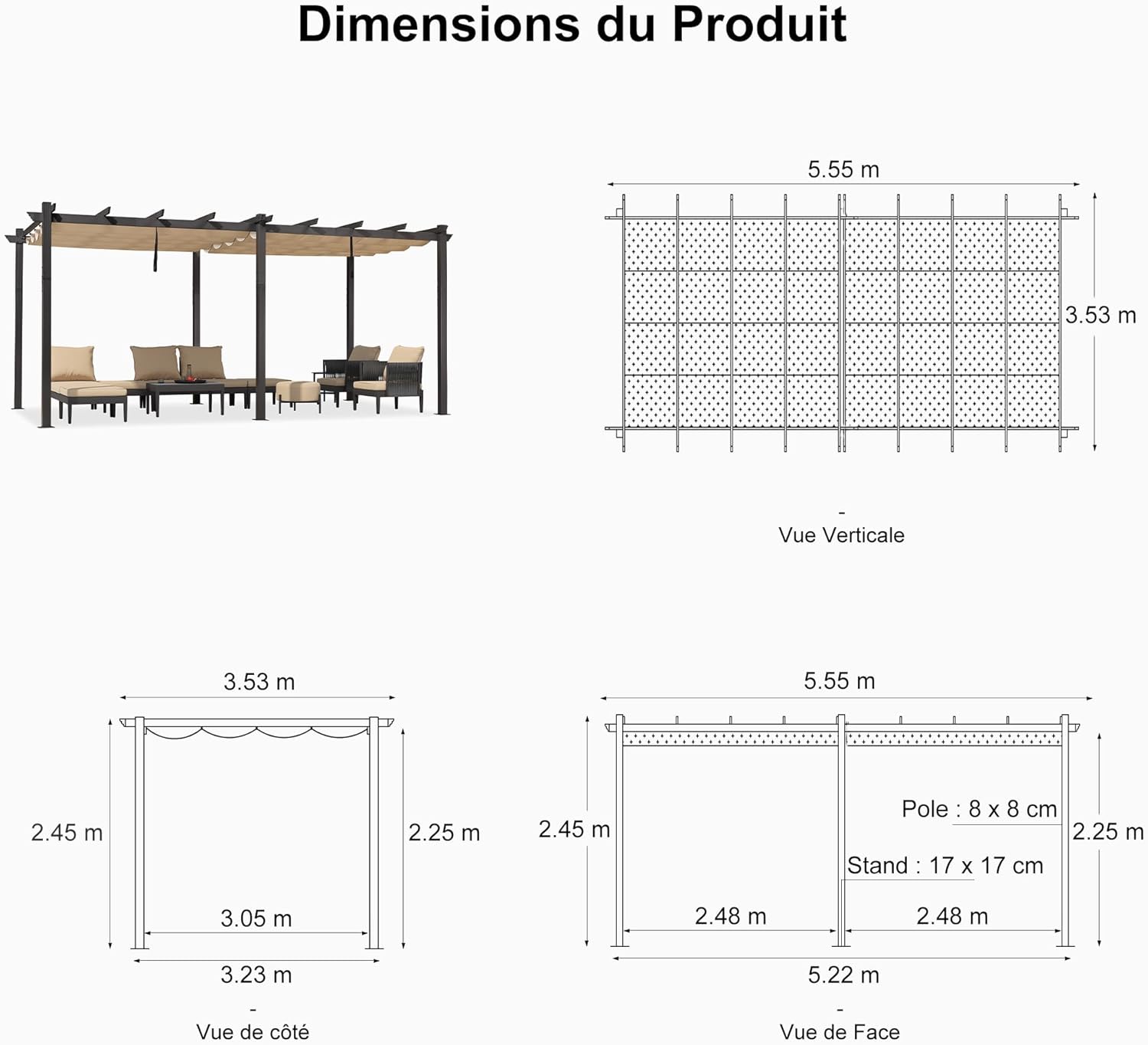 jardinito - pergola aluminium 5,5x3,5m toit rétractable LED kaki