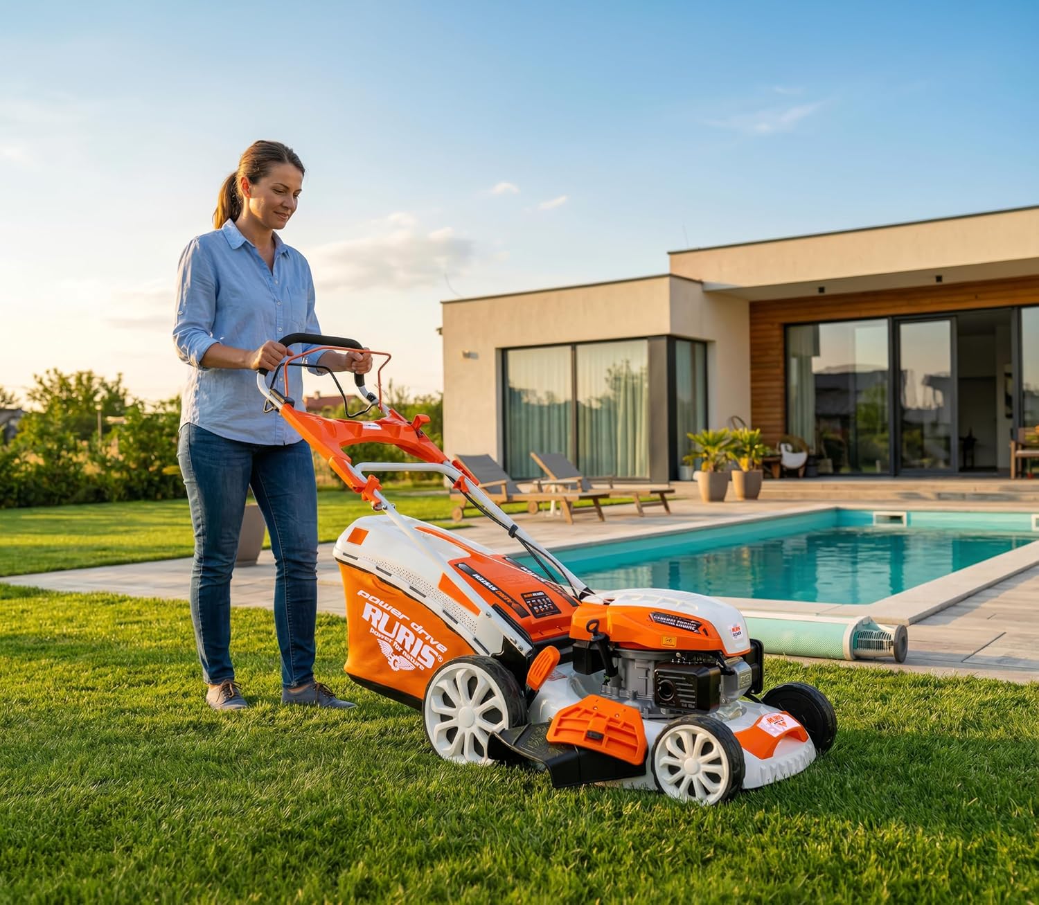 RURIS Tondeuse à Gazon Thermique RX300S 3,5 CV – Largeur 46 cm, Autopropulsée, 5 Fonctions - Ramassage, Éjection, Mulching, 1500 m², Moteur 4 Temps, Bac 65L