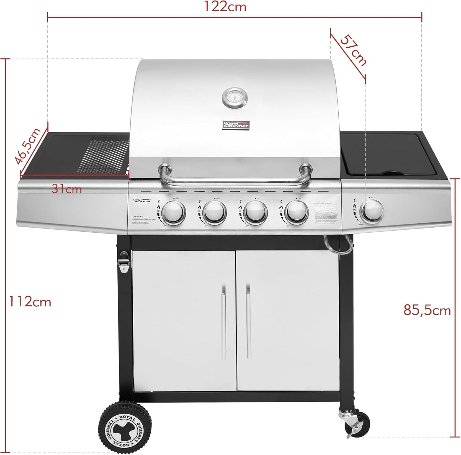 jardinito - Barbecue Gaz 4+1 brûleurs inox - 14,5kW - 2 portes, thermomètre, roues directionnelles