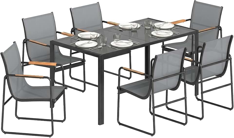jardinito - Ensemble salle à manger 6 places - table verre, structure acier - gris