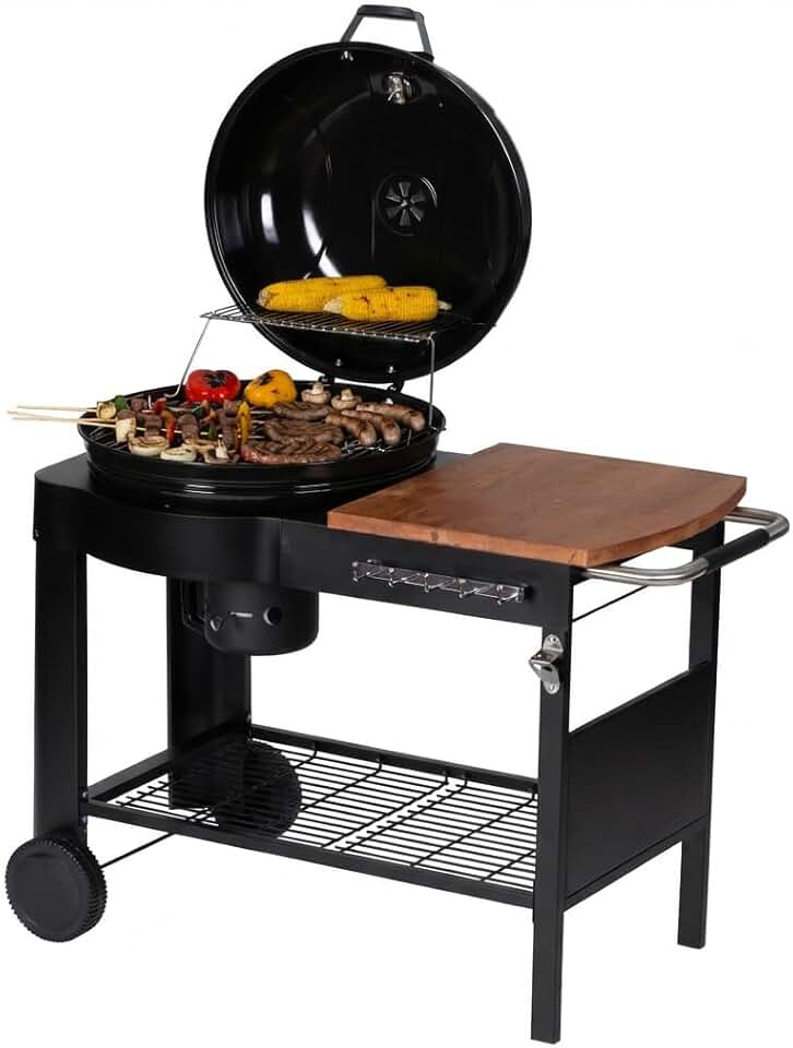 jardinito - Barbecue Calgary - acier/bois - couvercle thermomètre, tablettes, 2 roues, noir