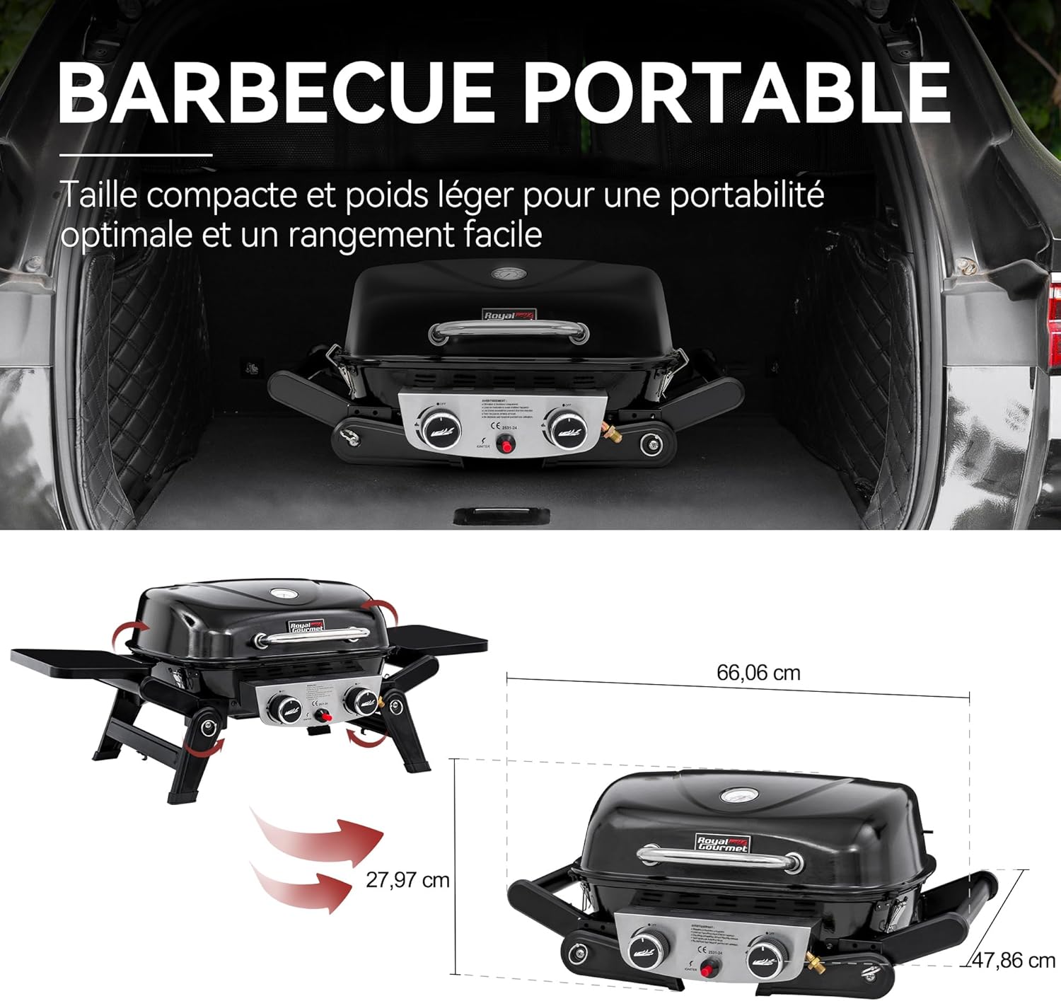 jardinito - Barbecue Gaz 2 brûleurs - 48x37 cm - tables pliables, 5kW