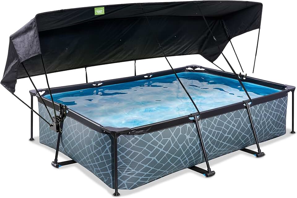 jardinito Piscine Stone avec Voile d'Ombrage - 300x200x65cm - Piscine Hors Sol Rectangulaire avec Pompe Filtrante à Cartouche - Protection Optimale Contre Les Rayons UV - Entrée Basse - Gris