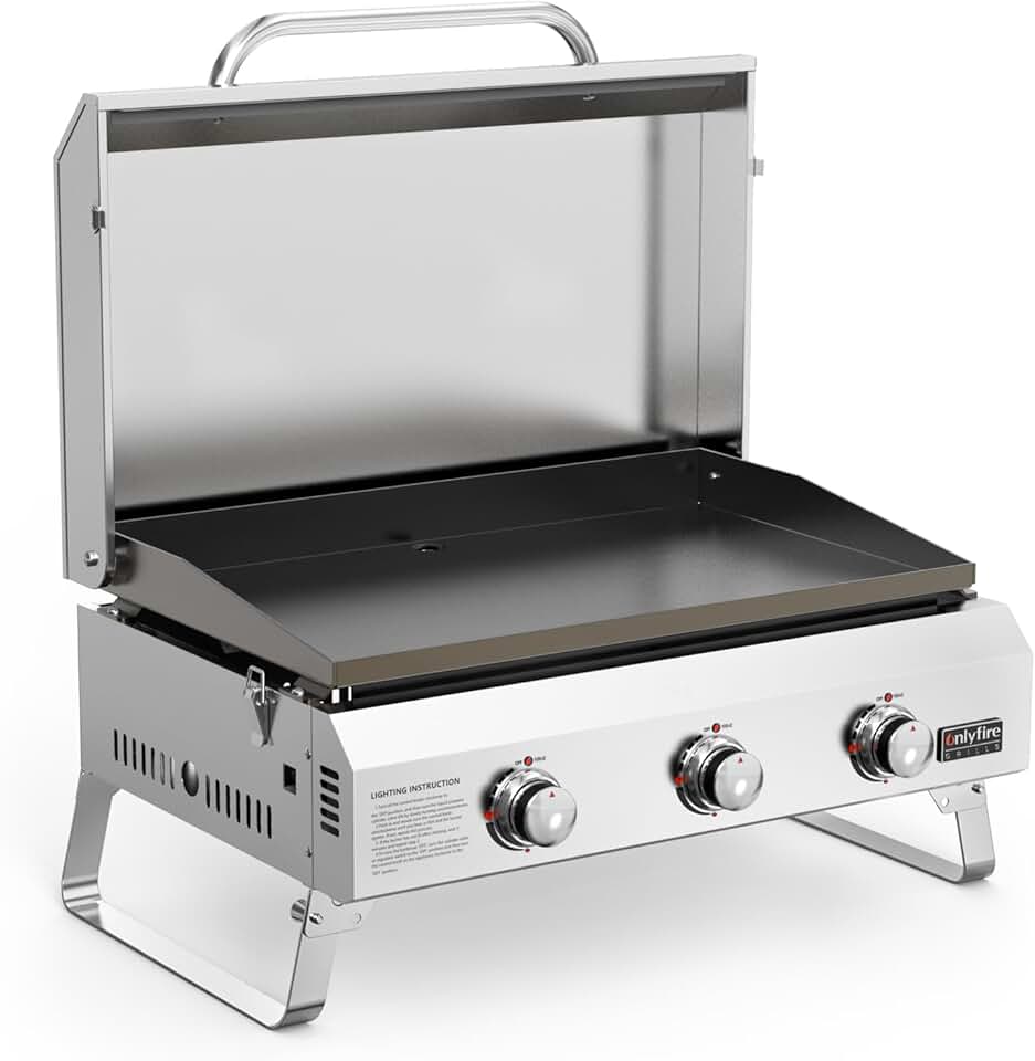 jardinito - Plancha gaz inox - 57x36cm - 3 brûleurs, 7kW, céramique, pieds pliables