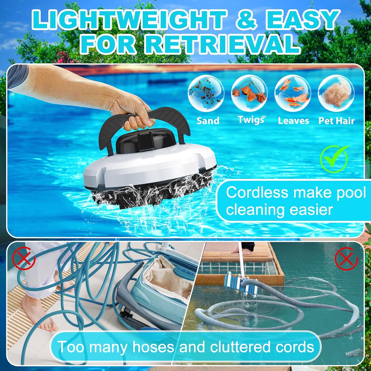 Robot aspirateur piscine - sans fil - 120 min autonomie, 1000 pi2, autoparking