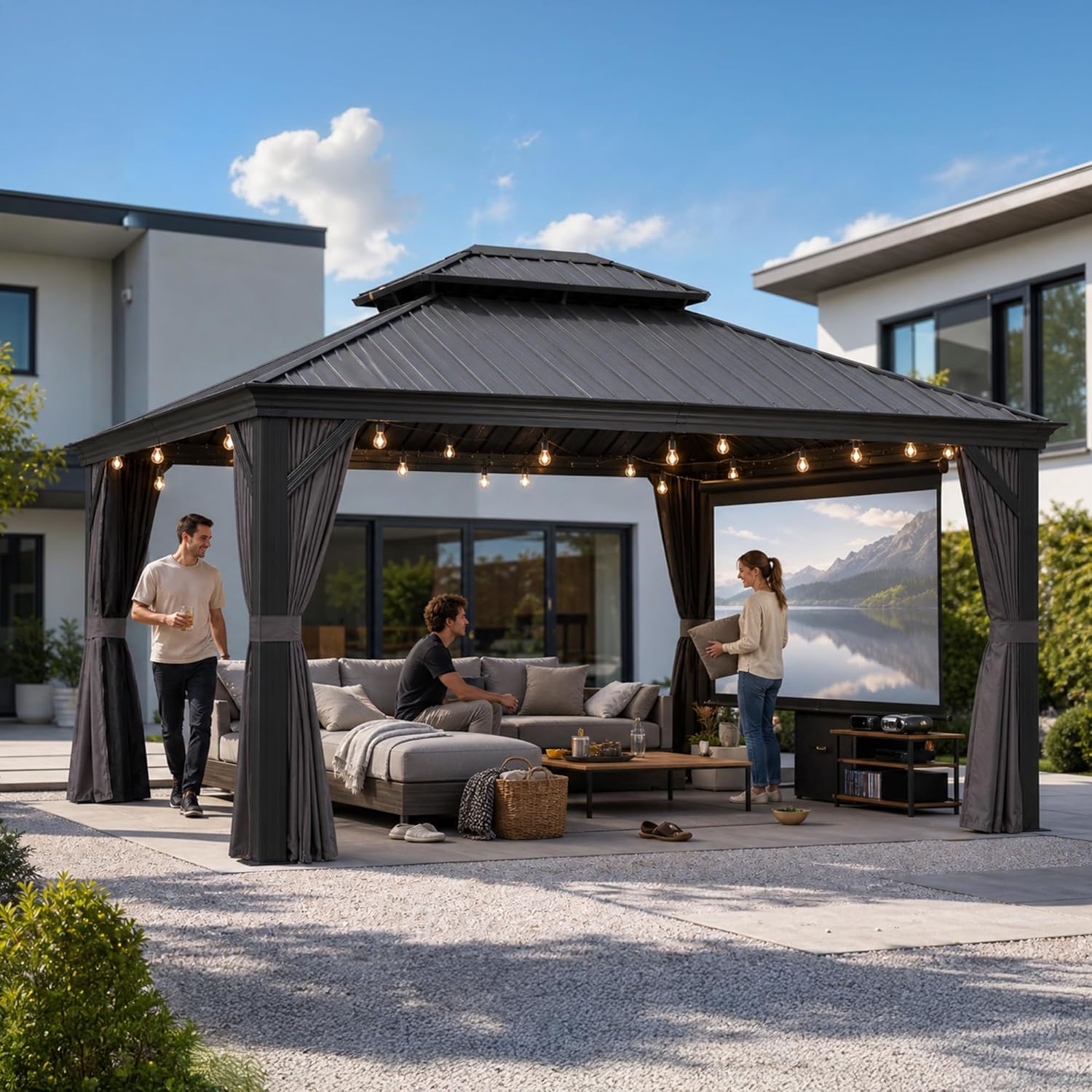 jardinito - tonnelle jardin - 4,25x3,65m - toit acier, moustiquaire, rideaux, poteaux renforcés