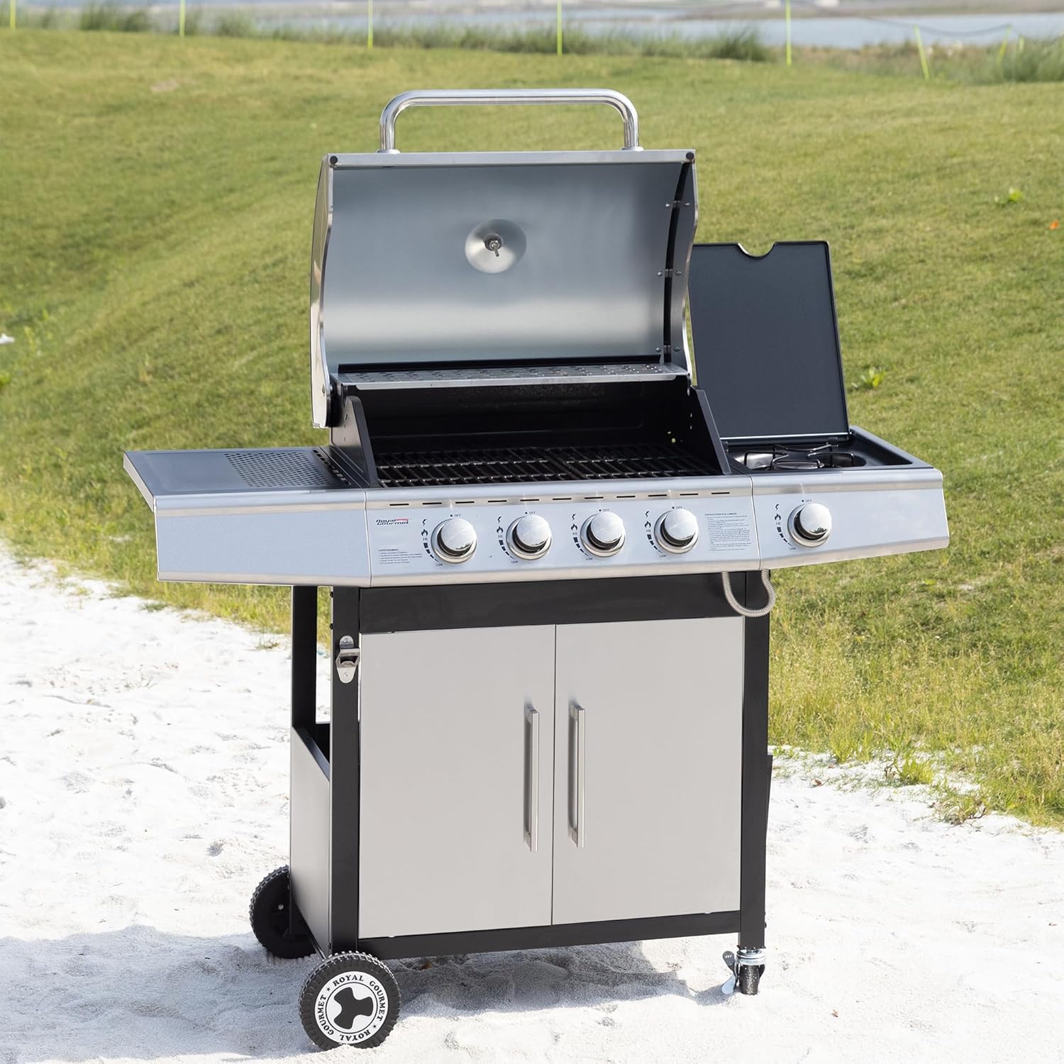 jardinito - Barbecue Gaz 4+1 brûleurs inox - 14,5kW - 2 portes, thermomètre, roues directionnelles