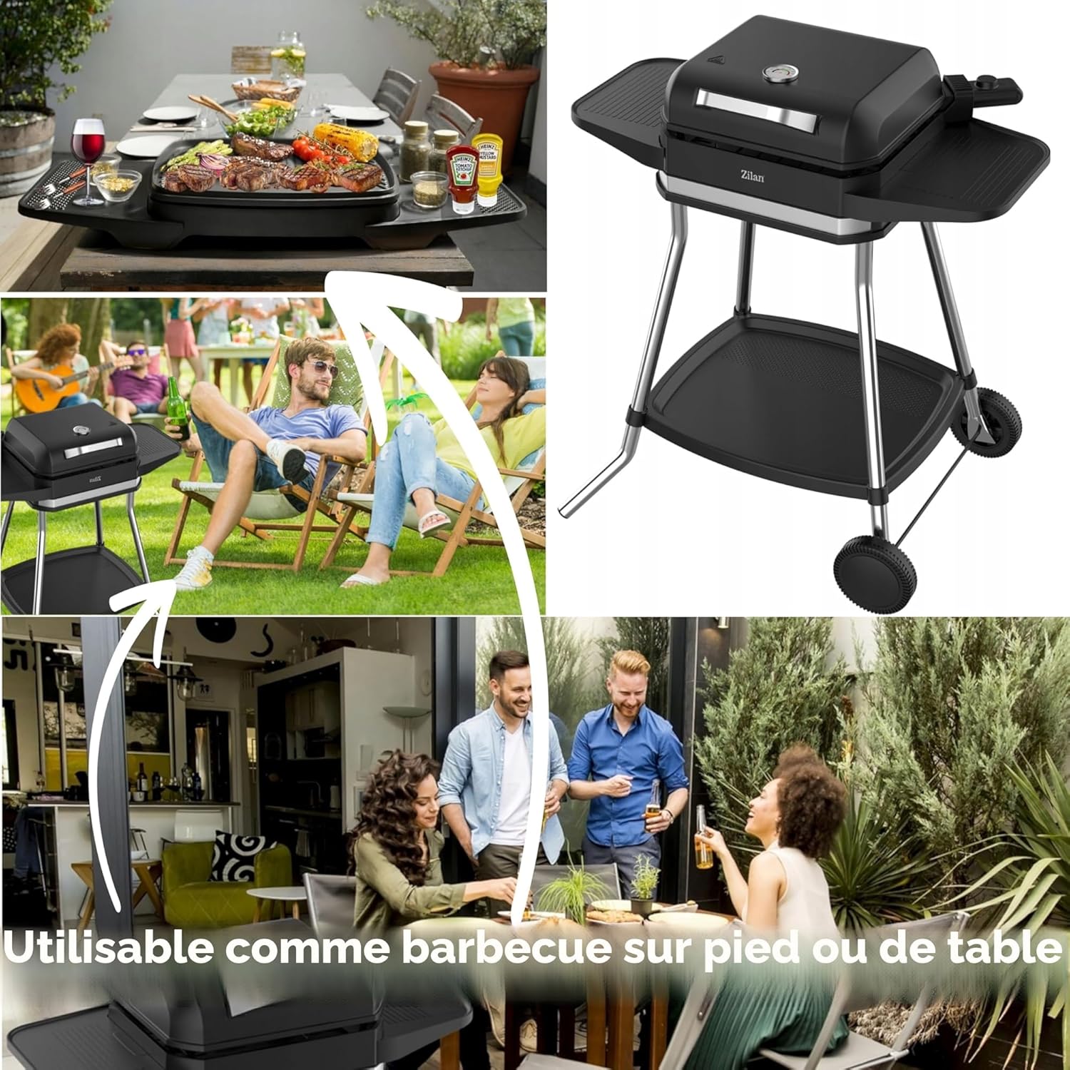Barbecue électrique - 2 en 1 sur pied 3050W - grande surface, régulateur