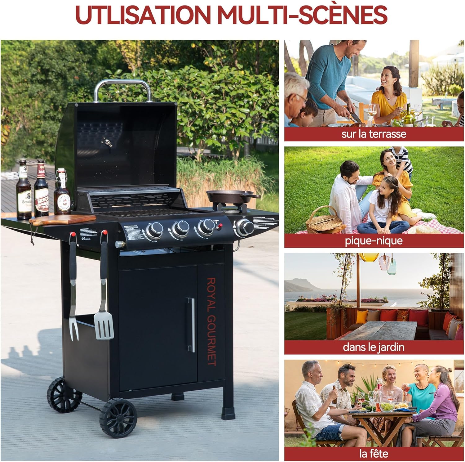 jardinito - barbecue gaz 3+1 brûleurs inox - 11,5 kW - chariot, 2 roues, thermomètre