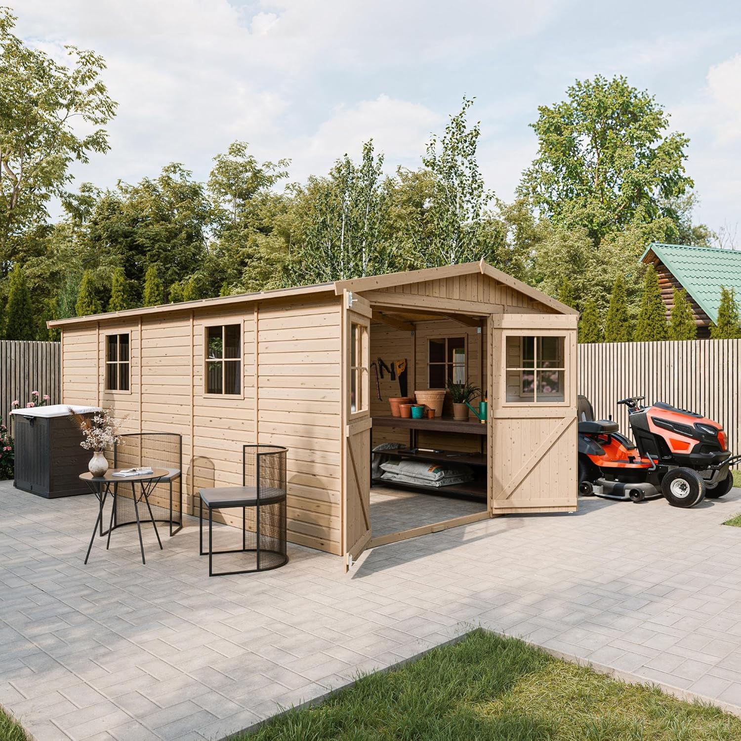 Abri de Jardin en Bois Naturel - Stockage extérieur avec fenêtres- H226x324x516 cm/15 m² Hangar en Bois Naturel - Atelier Rangement Outils et vélos- jardinito M337