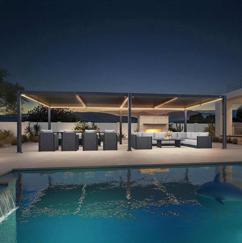 jardinito - Pergola bioclimatique - 3,5x8,5m - aluminium, lames LED, étanche