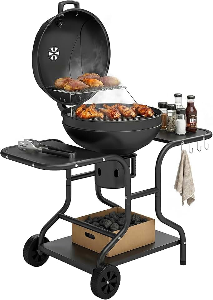 jardinito - barbecue rond extérieur - 66x55x98cm - couvercle, roues, thermomètre