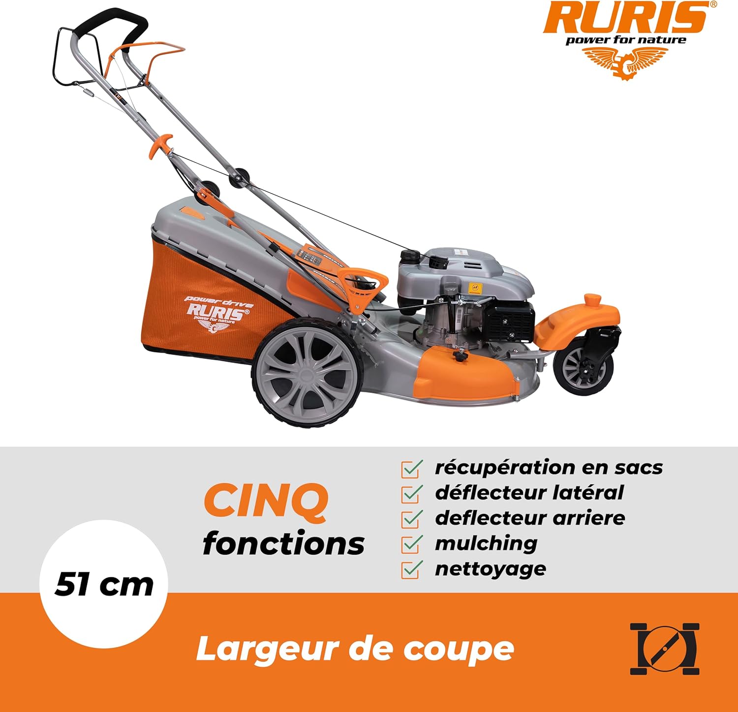 RURIS - tondeuse à gazon série RXM - 510mm, 4,5CV, sac 65L, propulsion automatique, RXM777