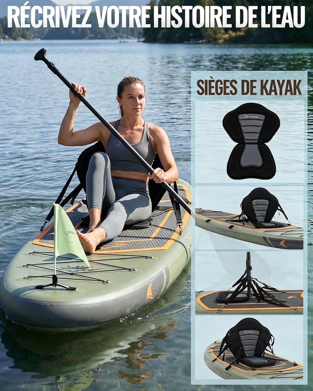 Stand Up Paddle Gonflable Adulte avec Siège Kayak & Accessoires, 320x84cm Planche de Sup Extra Large pour 2 Personnes, Charge 200kg, Kayak Gonflable 2 Places Stable et Antidérapant pour Surf