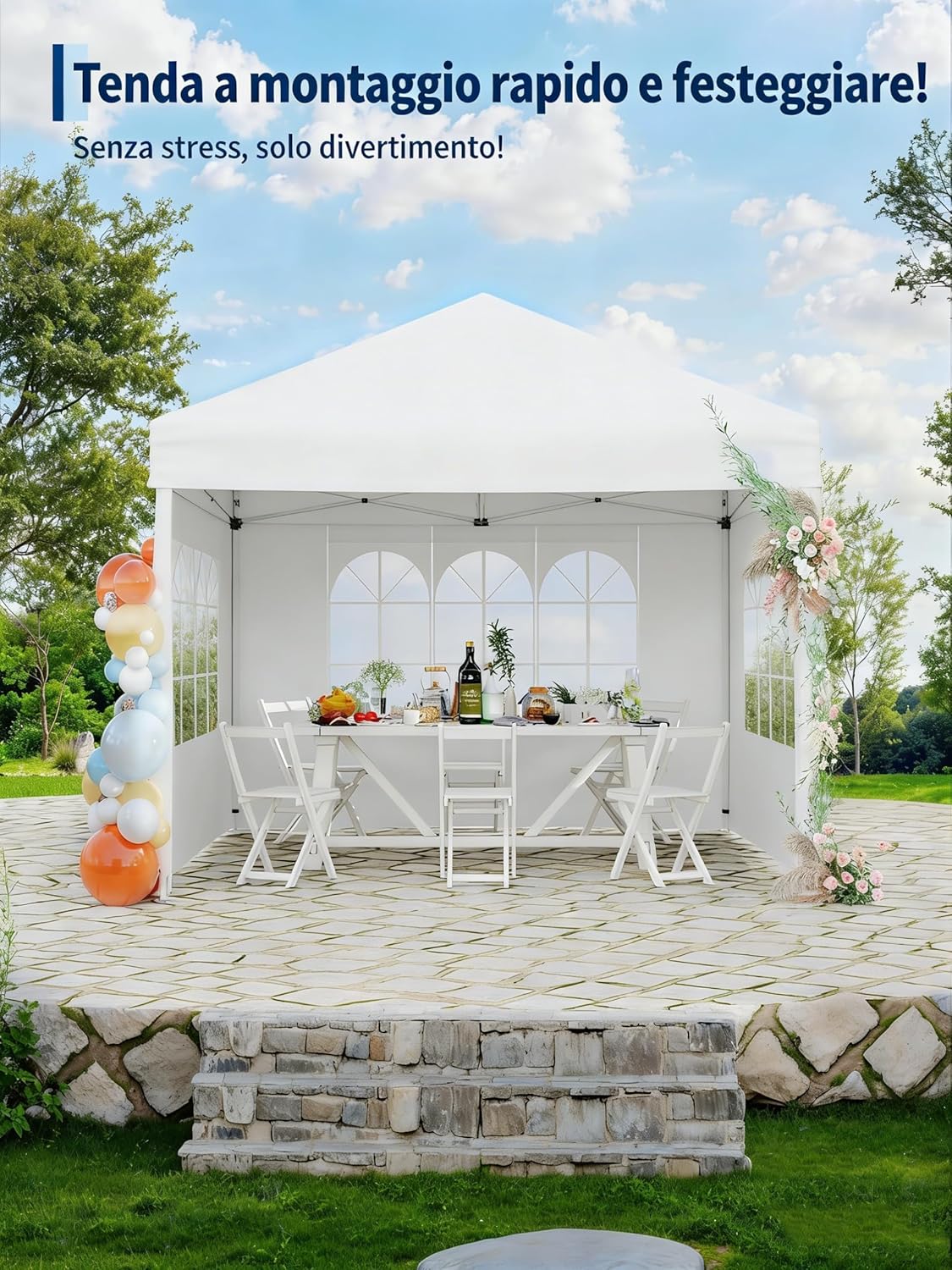Gravee Tonnelle Pliante 3x3 m – Tente Pop-Up Robuste pour Jardin, Imperméable et Anti-UV avec Parois Latérales et Sac de Transport (Blanc, 3x3m)