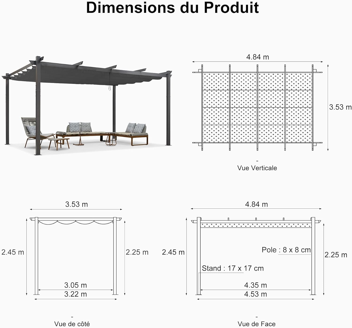 jardinito - pergola aluminium - 4,8x3,5m - LED, toit rétractable, tissu mass teinté, structure résistante