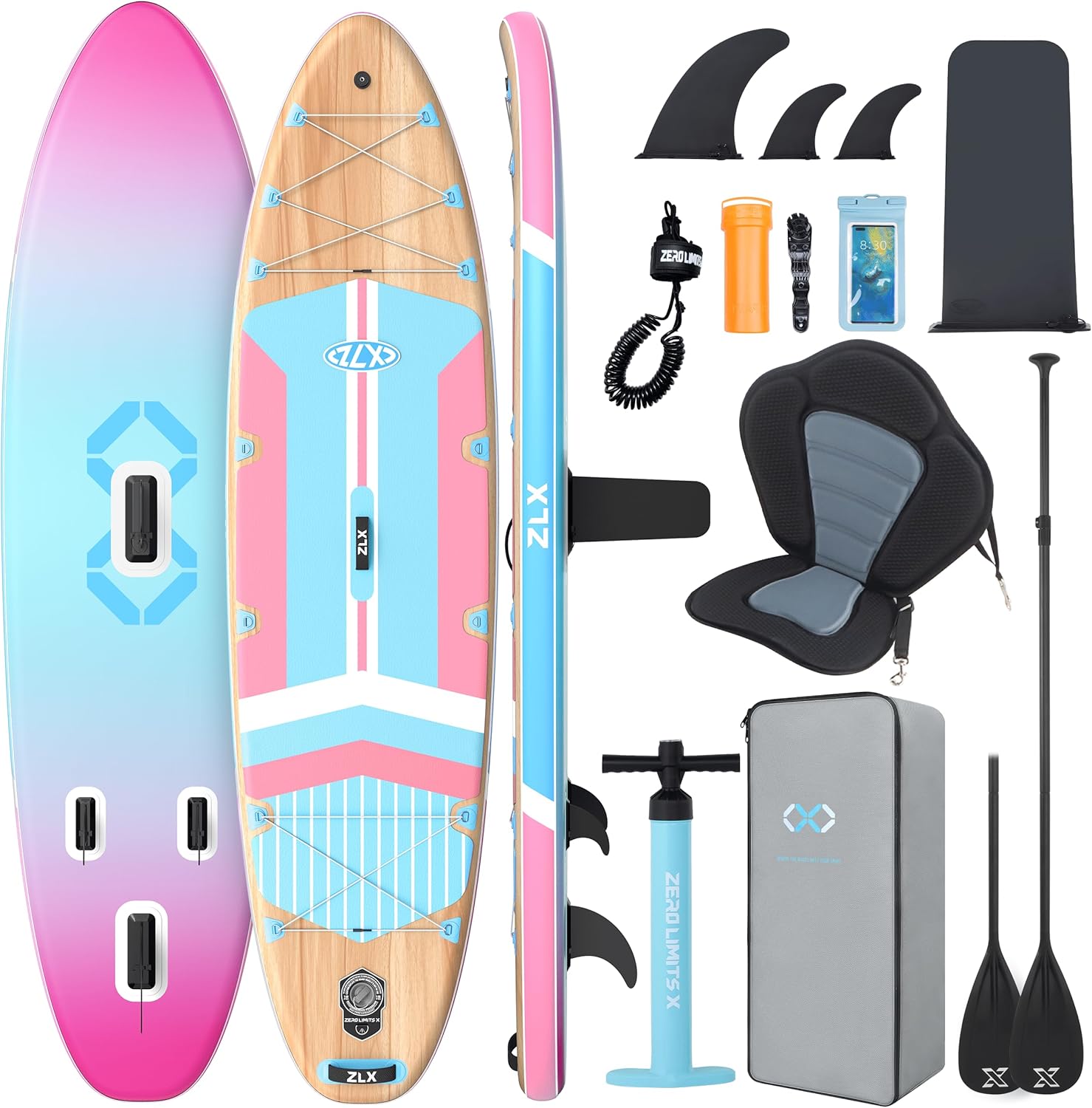 ZLX Paddle Gonflable 350 x 89 cm Extra Large Sup | Planche Stable Antidérapante, Aileron Amélioré, Accessoires Premium, Sac & Pompe Haute Pression, pour Adultes Tous Niveaux avec Siège Gonflable