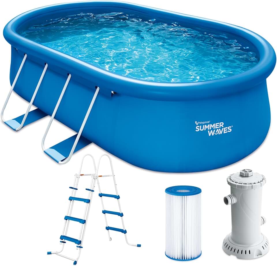 jardinito Quick Up Kit complet de piscine - Ovale - 457 x 305 x 107 cm - Bleu - Piscine hors-sol et piscine avec pompe à filtre, échelle, tapis de sol et bâche