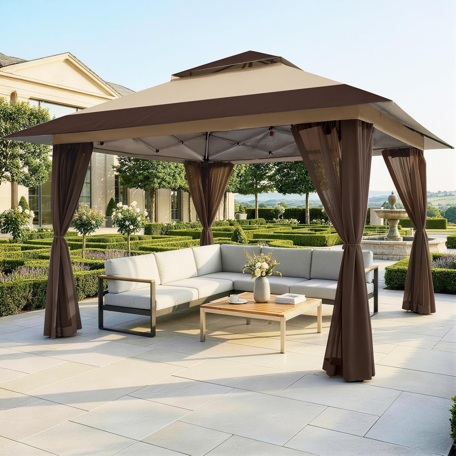 jardinito Tonnelle de Jardin 4 x 4 m, Pop Up Gezebo Exterieur Imperméable, Abri de Jardin Réglable en Hauteur, Double Toit avec Côtés en Maille Zippée, Sac de Transport, Beige